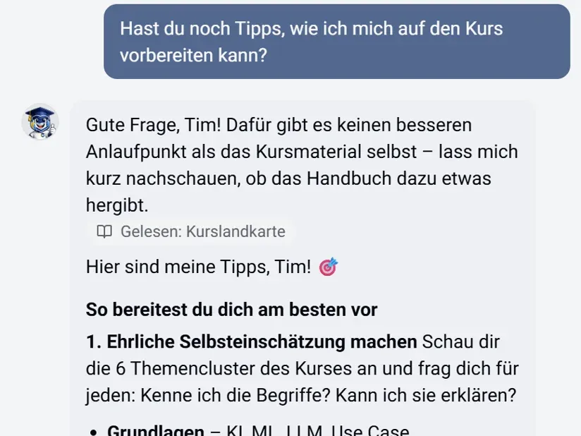 KI-Tutor Selli gibt im Chat Tipps zur Vorbereitung auf den Kurs