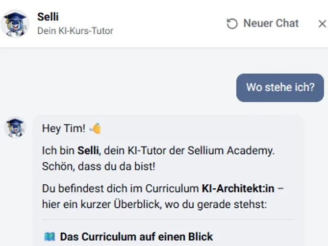 Chat mit dem KI-Tutor Selli: Überblick über das Curriculum KI-Architekt
